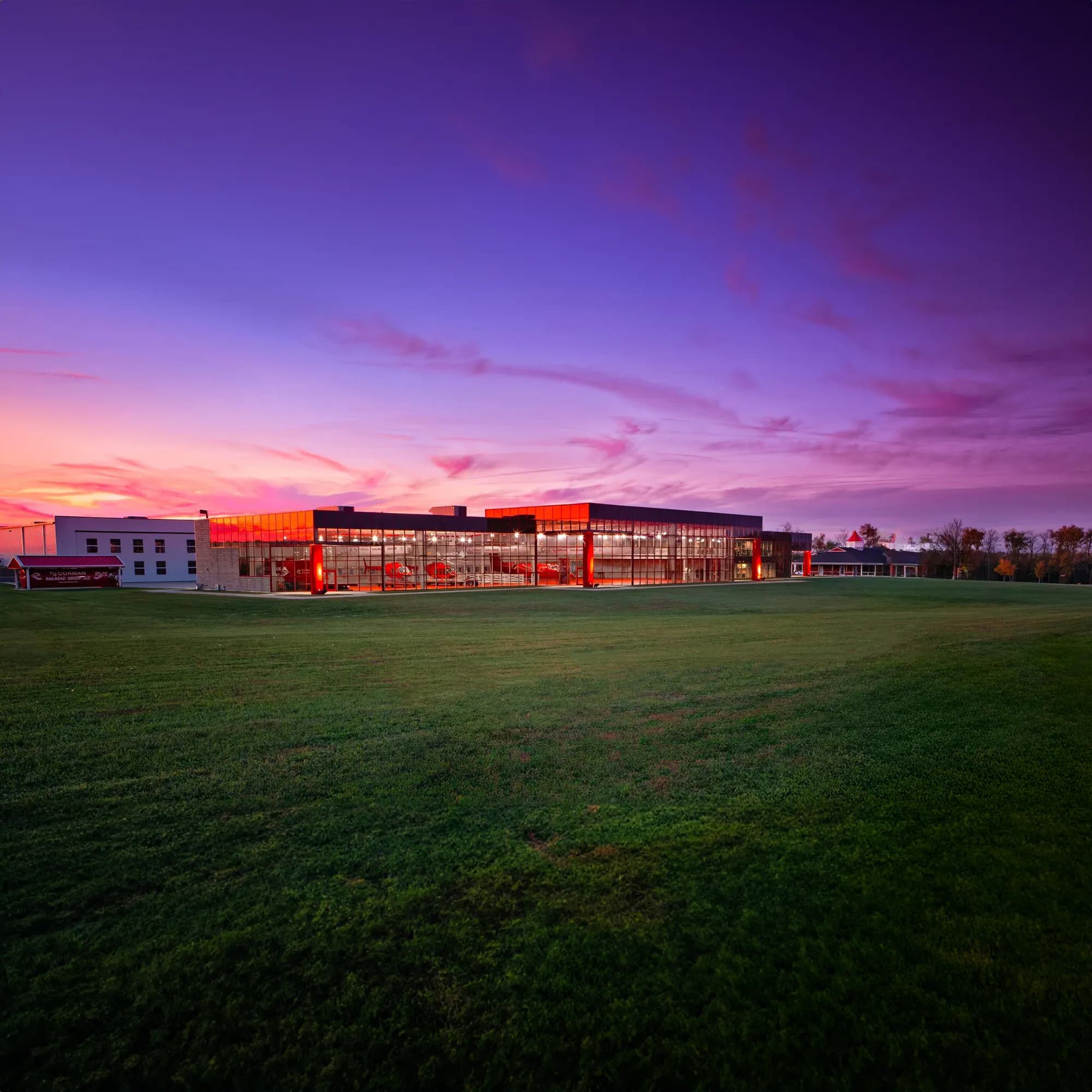 RJ Corman Railroad building at dusk